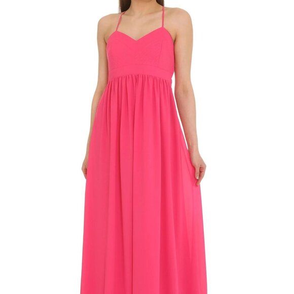 Belle Badgley Mischka semi formal maxi dress 12 hot pink cami top fit & flare - Picture 1 of 14